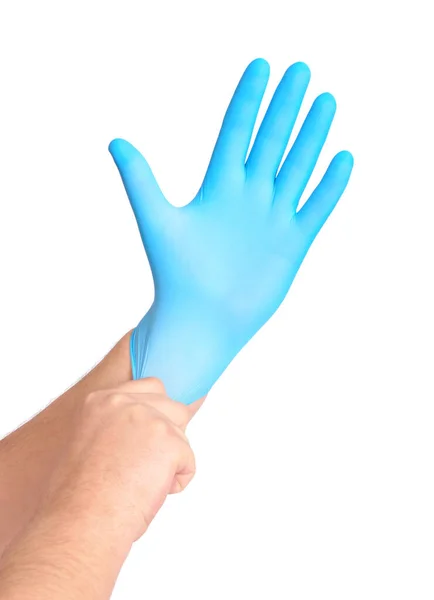 Mãos Com Luvas Estéreis Azuis Isoladas Chão Branco — Fotografia de Stock