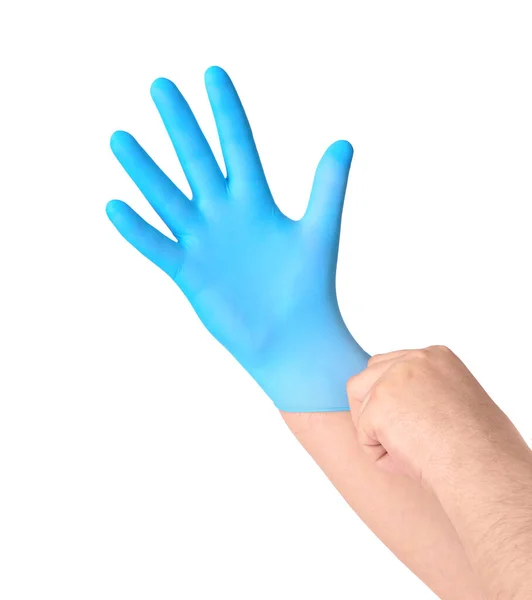 Hände Mit Blauen Sterilen Handschuhen Isoliert Auf Weißem Untergrund — Stockfoto