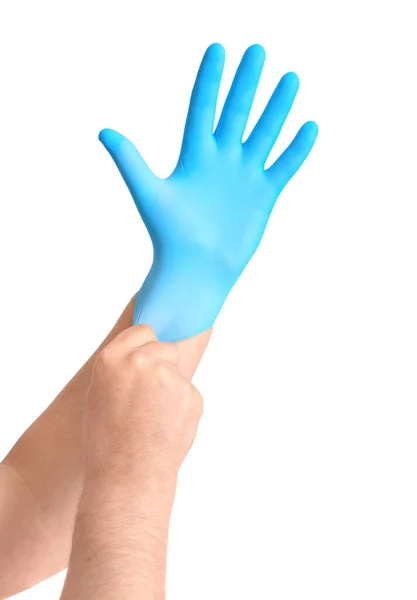 Ręce Niebieskimi Jałowymi Rękawicami Odizolowane Białym Bavkground — Zdjęcie stockowe