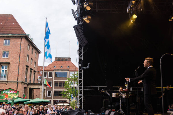 KIEL, GERMANY - June 21 2017:  The Jazz Singer Tom Gaebel on the Rathaus Stage during the Kieler Woche 2017