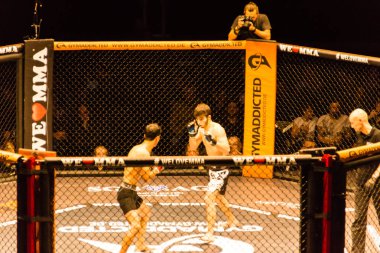 Hamburg, Almanya - 18 Kasım 2017: Yaaa Schafie ve Ashab Elichanov biz aşk Mma 34 sırasında arasındaki mücadele 