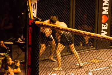 Hamburg, Almanya - 18 Kasım 2017: Yaaa Schafie ve Ashab Elichanov biz aşk Mma 34 sırasında arasındaki mücadele 