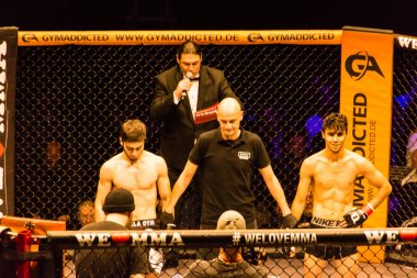 Hamburg, Almanya - 18 Kasım 2017: Yaaa Schafie ve Ashab Elichanov biz aşk Mma 34 sırasında arasındaki mücadele 