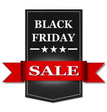 Beyaz zemin üzerine kırmızı kurdele ile siyah Cuma satışı büyük başlığı