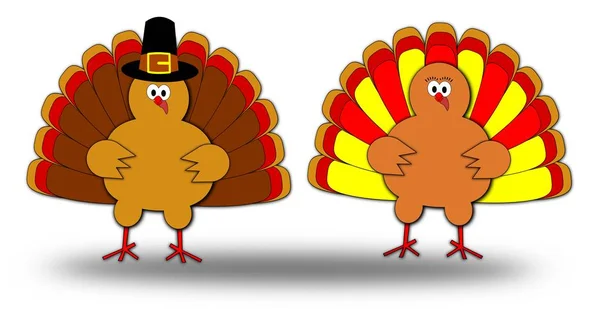 Happy Thanksgiving turkey cartoon, male and female — стоковый вектор