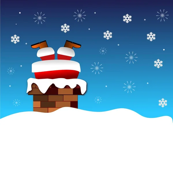 圣诞老人在烟囱在蓝色天空的背景下以下落的雪例证 — 图库矢量图片