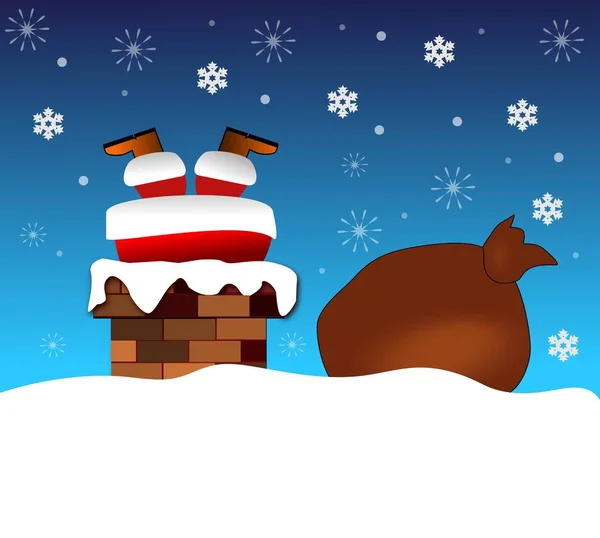 Santa Claus Chimenea Sobre Fondo Cielo Azul Con Caída Nieve — Vector de stock