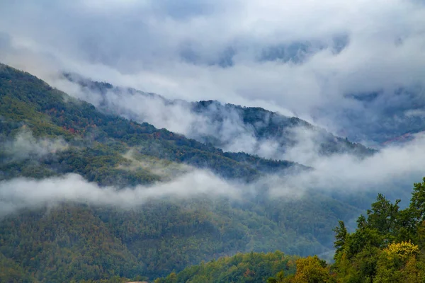 Panorama of misty mountain tops — Free Stock Photo