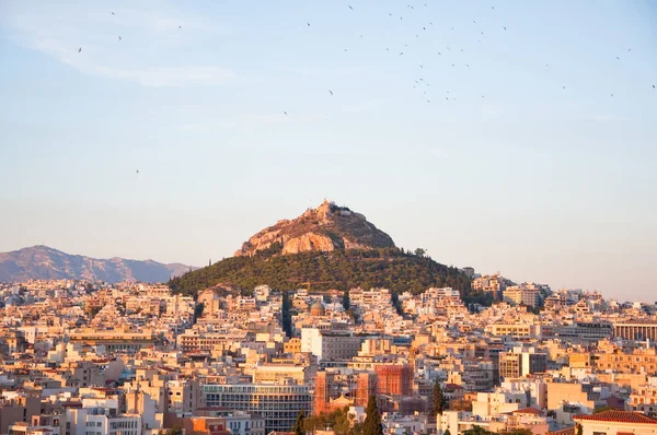 Górę Lykabettus Zachodzie Słońca Panorama Aten Podczas Wieczoru Grecja — Zdjęcie stockowe