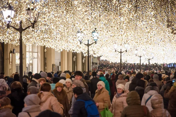 Moscow January Ilyinskaya Street Full Locals Tourists Christmas Time January — Stock Photo, Image