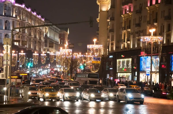 Moscou Janeiro Rua Tverskaya Praça Central Manege Época Natal Tráfego — Fotografia de Stock