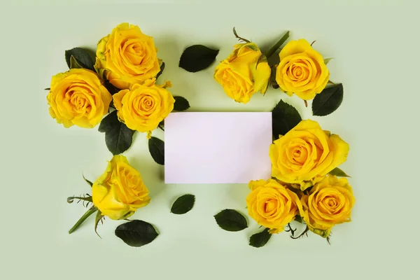 Yellow roses with card on green background — ストック写真
