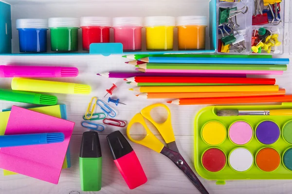School office supplies on a desk with copy space — Stock Photo, Image