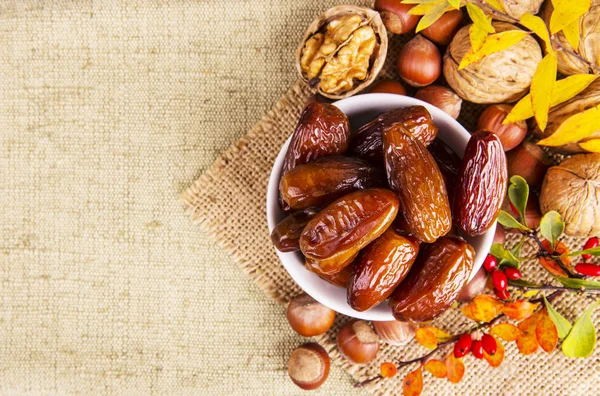 Dates and nuts. Autumn concept. — Stock Photo, Image