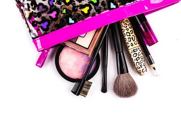 Makeup brush and cosmetics, on a white background — Stock Photo, Image