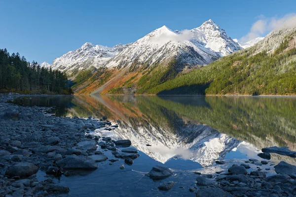 Dağ Gölü Rusya Batı Sibirya Dağ manzarası Önplanda bir göl ve orman ile.