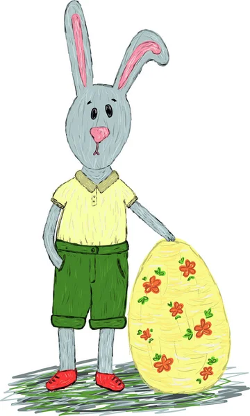 Mignon Lapin Pâques Dans Pantalon Vert Merde Avec Gros Oeuf — Image vectorielle