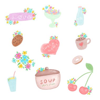 Çiçekli çıkartmalar, yumuşak renklerde çizilmiş, lezzetli kurabiyeler ve içecekler, tebrik kartları, dizüstü bilgisayarlar, defterler, notlar...