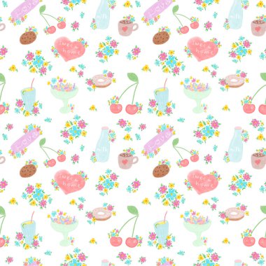 Elle çizilmiş yumuşak renkler, kusursuz desenler, güzel bir ev, pastel renkler duvar kağıtları, kurabiyeler ve içecekler, şirin bir arka plan.
