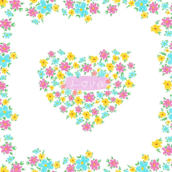 Ручной Рисунок Цветочные Рамки Сердцем Цветов Нарисованные Мягких Цветах Хорошо — стоковое фото