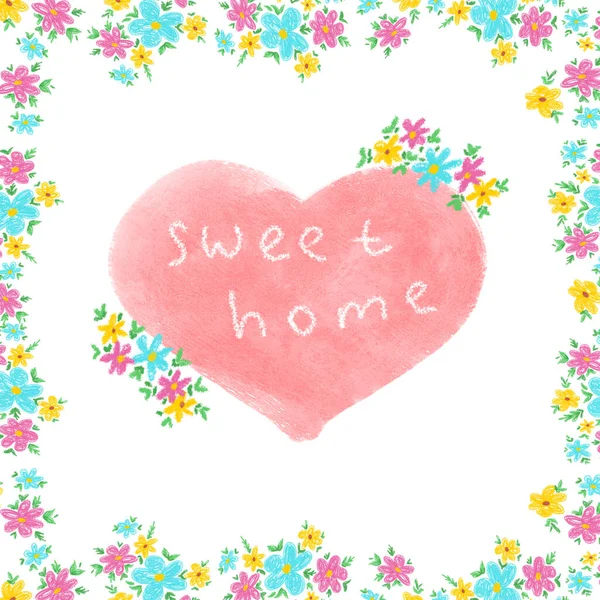 Hand Drawn Floral Frame Heart Sweet Home Style Drawn Soft — Stock Photo, Image