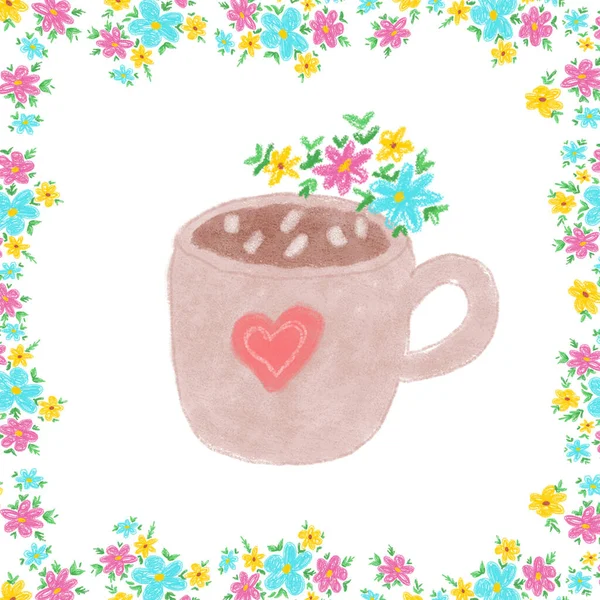 Ręcznie Rysowane Kwiaty Ramki Filiżanką Kawy Lub Kakao Rysowane Miękkich — Zdjęcie stockowe
