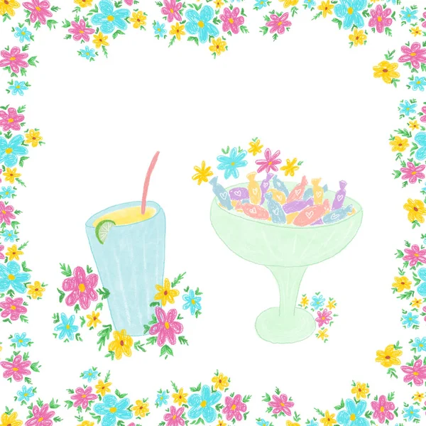 Cadre Fleurs Dessinées Main Avec Limonade Des Bonbons Dessinés Dans — Photo