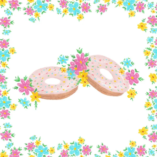 手绘的带有甜甜圈的花框 用柔和的颜色画 很适合婚宴请柬 可爱的甜甜圈设计 如婚戒 — 图库照片