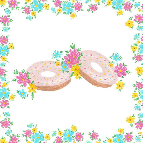 Elle çizilmiş çiçek çerçevesi, yumuşak renklerde çizilmiş, düğün davetiyeleri için iyi, alyans gibi şirin donut tasarımı.