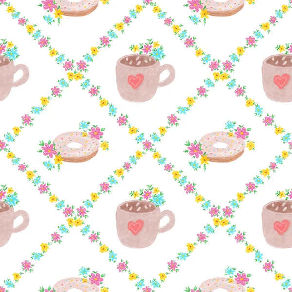 hand drawn coffee pattern, seamless background, coffee and donut, cute vintage wall paper
