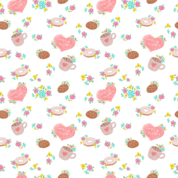 手绘柔软的色彩无缝图案为甜蜜的家庭设计 彩色纸 饼干和饮料图案 可爱的背景 — 图库照片