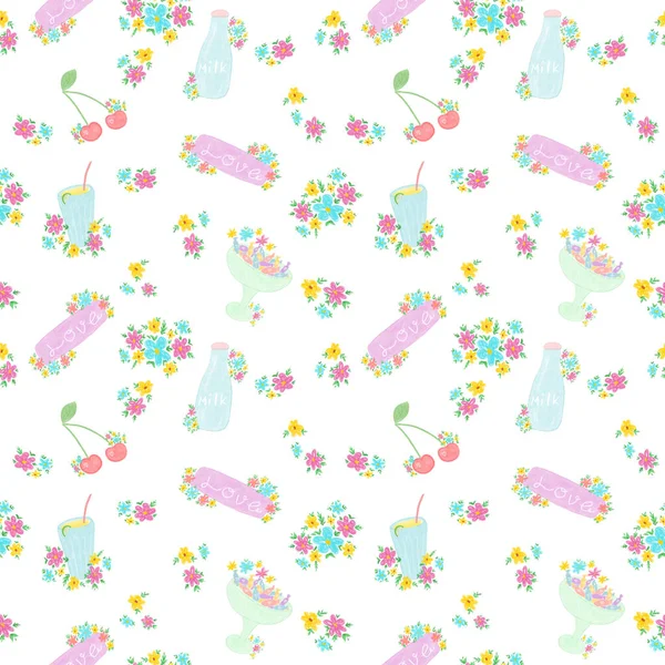 Hand Drawn Soft Colors Seamless Pattern Love Candy Lemonade Pastel — Stock Photo, Image