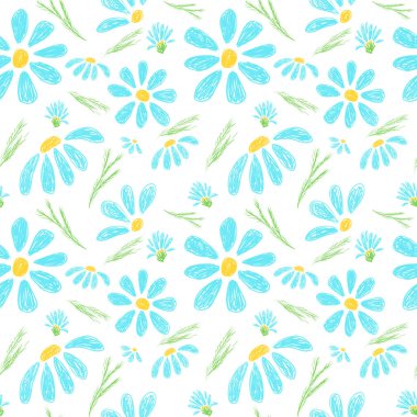 Elle çizilmiş desensiz çiçekler, mavi papatyalar, duvar kağıtları, basit çiçek stili, hatıra defteri.