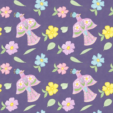 Kuşların, çiçeklerin ve yaprakların kusursuz deseni, hatıra defteri, arkaplan, duvar kağıdı