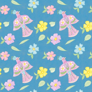 Kuşların, çiçeklerin ve yaprakların kusursuz deseni, hatıra defteri kağıdı, mavi arka plan, duvar kağıdı