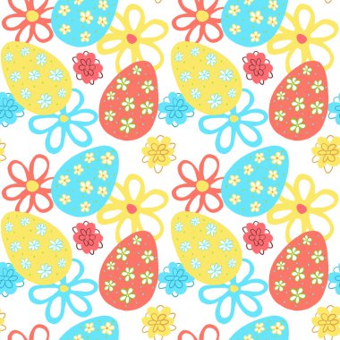 Beyaz arka planda pürüzsüz yumurta ve çiçek deseni, yapıştırma kitabı, paskalya süsü, çocuklar için tekstil, baskı için yüksek kalite, duvar kağıdı.