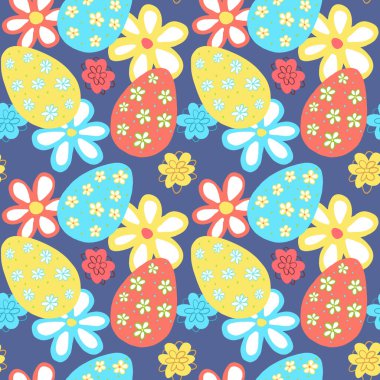 Mavi arka planda paskalya yumurtası ve çiçekli kusursuz desen, duvar kağıdı, hatıra defteri kağıdı