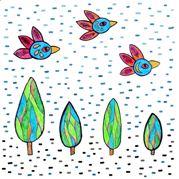 Pájaros Coloridos Dibujados Mano Tress Tarjeta Felicitación Imagen Del Estilo —  Fotos de Stock