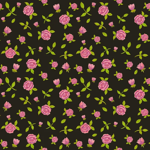 Ręcznie Rysowane Róże Kwiaty Bezszwowy Wzór Ciemnym Tle Papier Ścienny — Zdjęcie stockowe