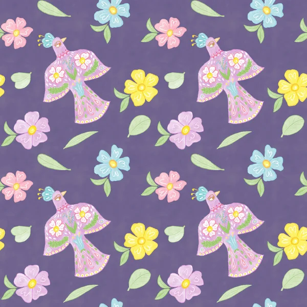 Seamless Pattern Birds Flowers Leaves Scrapbooking Paper Background Wall Paper — Stock Photo, Image