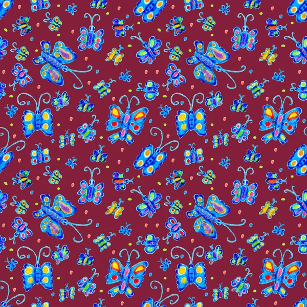 深红色背景上的蓝蝴蝶无缝图案 手绘蝴蝶 儿童纺织品印花 昆虫装饰品 — 图库照片