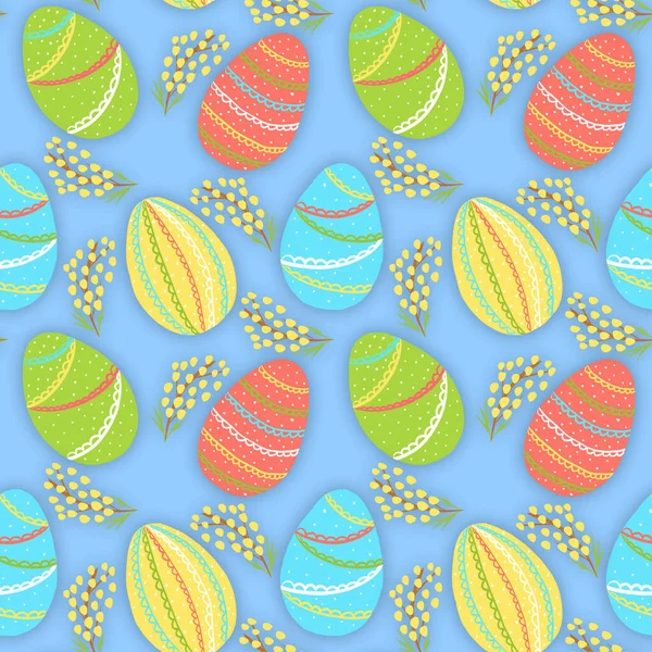 Seamless easter pattern with eggs and flowers on the blue background, scrapbooking paper, high quality for print, easter celebrating decor