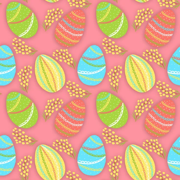 Seamless easter pattern with eggs and flowers on the red background, scrapbooking paper, high quality for print, easter celebrating decor