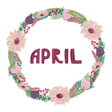Nisan ayında çiçek ve meyve çelengiyle el çizimi.