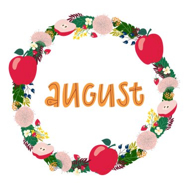 Ağustosta çiçek ve meyve çelengiyle el çizimi.