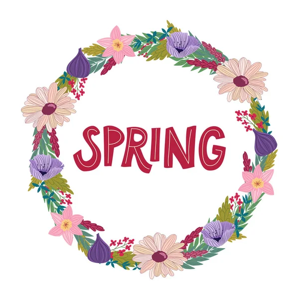 Hand drawn spring doodles wreath with letters in vector — Stock Vector