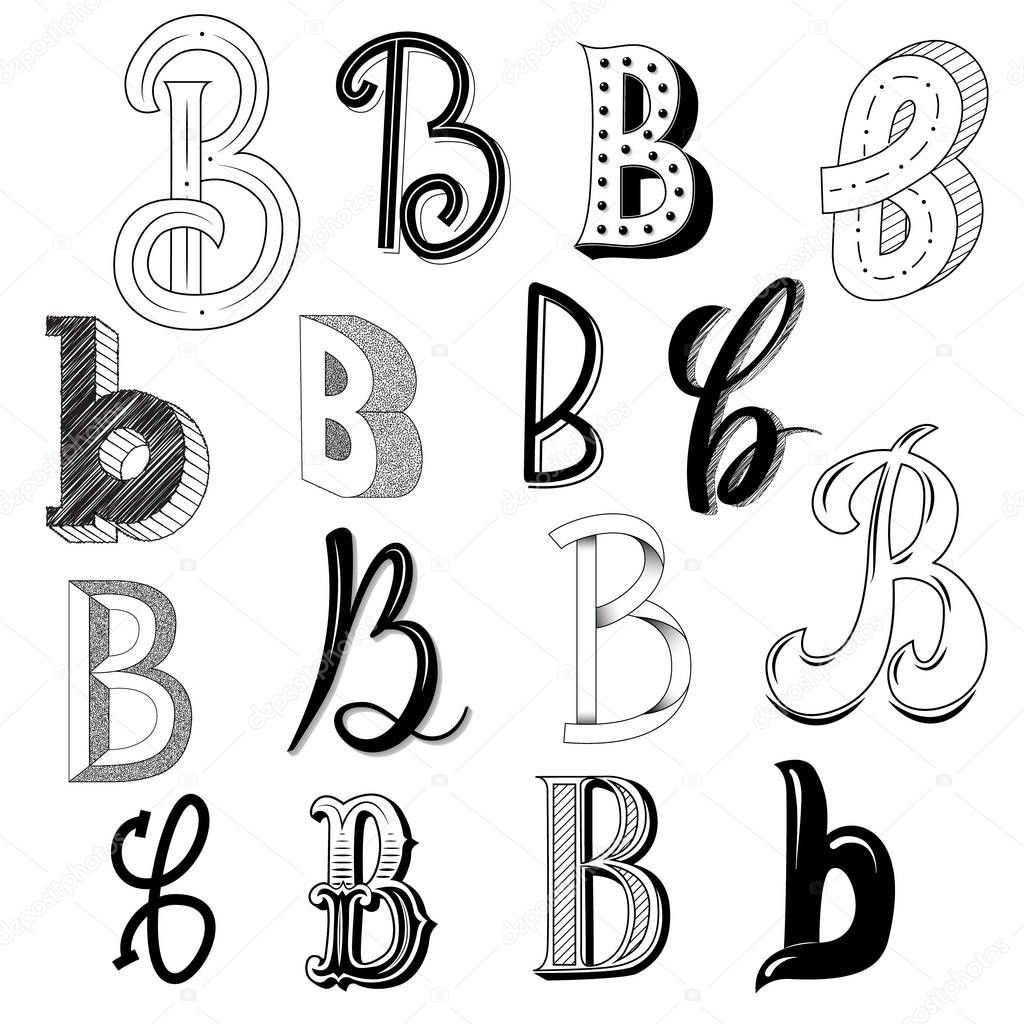 Hand drawn set of different writing styles for letter B