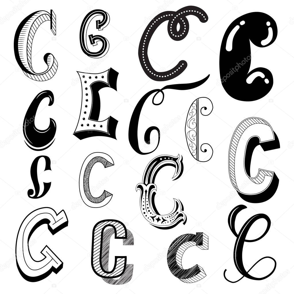 Hand drawn set of different writing styles for letter C