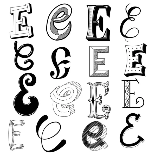 Hand drawn set of different writing styles for letter E — Stock Vector