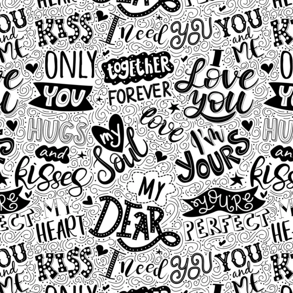 Seamless pattern. Lettering love quotes. White background with phrases and words about love. — Stock Vector